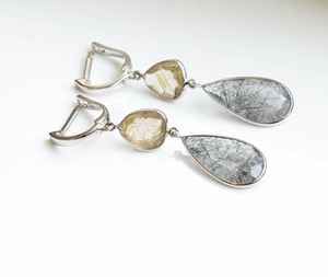 Pendientes colgantes de cuarzo rutilado dorado y negro de doble aura con plata 925, estilo moderno, en oferta - Product Image 4