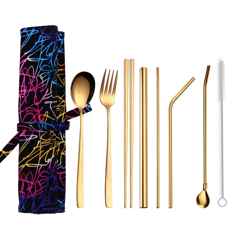 Portable 7 pack Gold Cutlery Set Stainless Steel Spoon Chopstick Fork and Drinking Straw Silverware Set