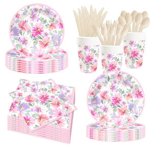 DAMAI - Juego de Vajilla Desechable con Diseño de Flores para Fiestas de Cumpleaños Infantiles, Incluye Platos de Papel, Servilletas y Mantel - Product Image 2