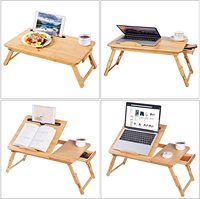 Table d'appoint pliable en bambou pour ordinateur portable, plateau de service portable réglable pour petit-déjeuner, table multifonctionnelle inclinable avec tiroir de rangement