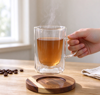 Mug en verre borosilicate à double paroi, tasse à café transparente avec poignée, sous-verre en bois d'acacia, 79 ml, pour thé, latte