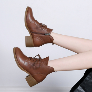 Botines de Mujer de Cuero Vacuno Genuino de Lujo para Primavera, Otoño e Invierno, Forro de Felpa Cálido, Tacón Grueso, Transpirables, con Cordones, Cómodos - Product Image 5