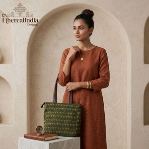 Handcrafted Green Tote Bag Cotton <b>Rug</b> Block Print Shoulder Bag Large <b>Boho</b> Shopper Leather Handle Bulk Supplier India - Product Image 3
