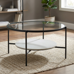 Table basse Sheeraz International au design moderne avec double rangement, plateau en verre et base en bois, structure en métal pour la décoration de la pièce - Product Image 1