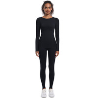 TongJoes Ensemble de yoga 2 pièces en élasthanne/nylon sans couture, sans couture, taille haute, col en V, pleine longueur, qui évacue la transpiration