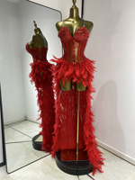 Robe Bodysuit Longue pour Femme, Taille Naturelle, Antistatique, Plumes Longues, Strass Diamant, Maille Transparente, Soirée