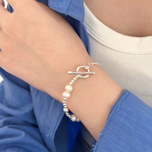Yinruitai S925 Sterling <b>Silver</b> Natural Pearl Bracelet With <b>Silver</b> <b>Bead</b> Ot Clasp Geometric Design Everyday Wear - Product Image 1
