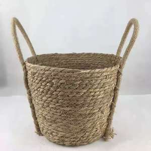 Folding Woven Straw Basket For Flower Plant Indoor Outdoor With Plastic Lining