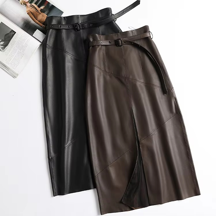 3395 New Arrival Wholesale Autumn Winter Elegant Skirt 100% Sheep Leather Bottom Spread Fork Design Leather Skirt for Women
