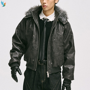 <span class=keywords><strong>Manteau</strong></span> d'hiver surdimensionné noir style aviateur avec capuche en fourrure, veste bomber en cuir vieilli vintage pour <span class=keywords><strong>homme</strong></span> - Product Image 1