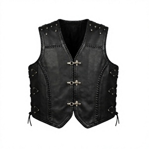 Gilet de moto pour homme Nabtay Sports, col en V, fermeture éclair, décorations à rivets, couleur unie, imperméable, coque en cuir véritable 100% - Product Image 1