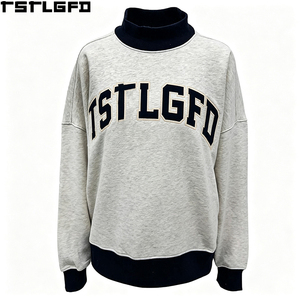Cut And Sew Embroidered Mock Neck <b>Sweatshirt</b> <b>women</b> Heather Gray <b>Black</b> Colorblock Oversized Streetwear Wholesale Bulk - Product Image 3