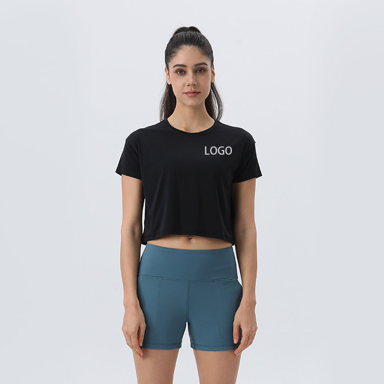 Customized Logo Sports T-Shirt Highly Elastic Fitness Suit Breathable Loose Yoga Top Double-Sided Nude Sports-Wholesale