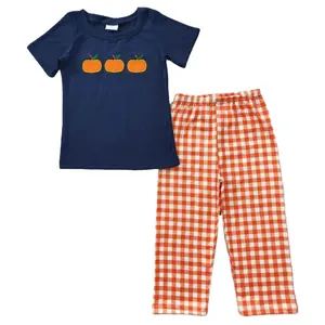 Wholesale RTS Toddler Thanksgiving Outfit Kid Embroidered three pumpkin navy short sleeve orange plaid pantsuit Baby Boy Clothes