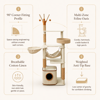 Arbre à chat moderne en bois massif avec poteaux à gratter en corde de sisal, emballage carton, hamac pour chat, plateformes multi-niveaux, OEM/ODM