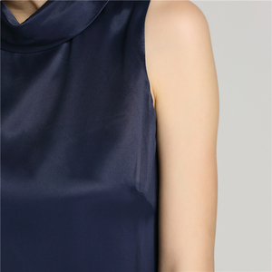 Hot top vente nouveau design de mode marine rayonne satin femmes bureau <span class=keywords><strong>col</strong></span> <span class=keywords><strong>mao</strong></span> diagonale sans manches moyen robe décontractée - Product Image 6