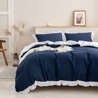 Parure de lit 3 pièces en tissu brossé couleur unie avec dentelle à volants et blocs de couleur, pour le commerce extérieur et la vente transfrontalière