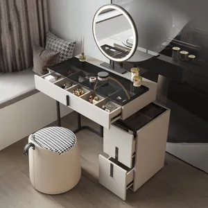 आधुनिक सरल लक्जरी वैनिटी ड्रेसिंग टेबल एलईडी मिरर के साथ 2 दराज लड़कियों के लिए बेडरूम सेट डिजाइन कॉर्नर लेदर टेबल डब्ल्यू चेयर