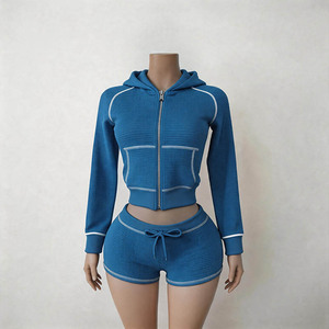 Conjunto <span class=keywords><strong>de</strong></span> Dos Piezas con Sudadera con Cierre y Cintura Baja, Estilo Chic, Tejido Waffle, para Mujer, Moderno, Casual, para Uso Diario - Product Image 4