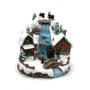 Resina personalizada, adornos de Navidad, casa de nieve brillante, caja de música con tren giratorio