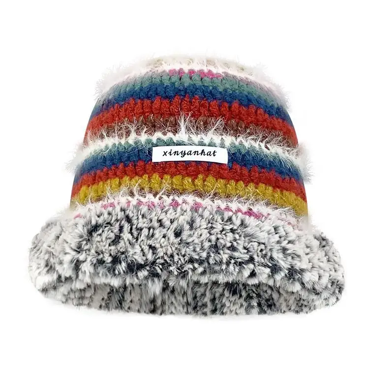 Gorro de pescador de invierno de lana Mohair de Color arcoíris acrílico grueso tejido a mano, gorro de entrepierna maduro, gorros