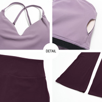 Ensemble de yoga TZ9616-7 pour femme en nylon et élasthanne, couleur crème brossée, avec haut court rembourré à bretelles spaghetti et leggings évasés taille haute pour le sport