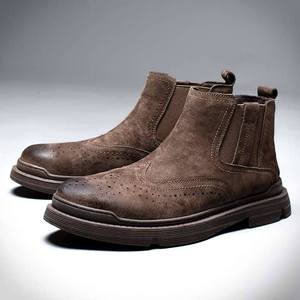 Chelsea <b>Boots</b> Men Genuine Leather Ankle Round Toe Fleece Lining Rubber Sole Winter Warm <b>Pull</b> On Style - Product Image 1