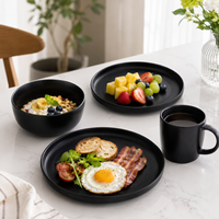 Service de table en céramique noir mat classique sans plomb, assiettes, bols, tasses en grès, compatibles micro-ondes pour hôtels et usage domestique