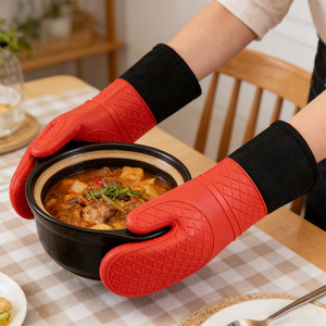 Silicone Heat Resistant <b>Gloves</b> Thickened Extra Wide Oven Mitts <b>Red</b> Black Gray Kitchen Baking Use - Product Image 3