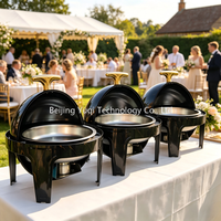 Plat à chafing de luxe Yuqi à motif marbre noir - Chauffe-plat circulaire 6,8 L pour buffet, chauffage à la vapeur, supports réglables, poignée dorée pour hôtel