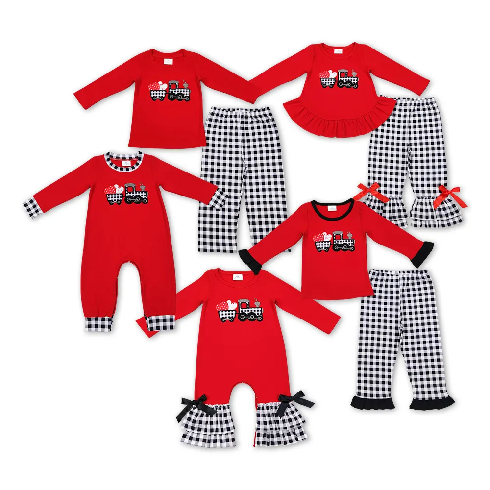 Hart Boerderij Tractor Borduurwerk Plaid Rode Baby Katoenen Romper Groothandel Valentijnskaarten Kleding Meisjes Rompertjes