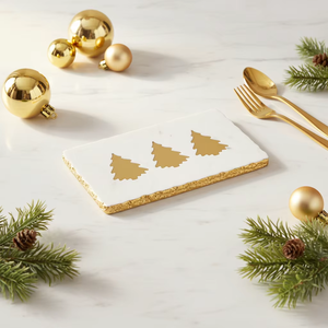 Plateau de service en marbre blanc naturel avec tranches de sapin de Noël en <span class=keywords><strong>laiton</strong></span>, bordure dorée, plateau à fromage, produit de Noël populaire - Product Image 4