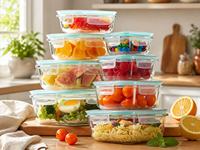 Ensemble de contenants alimentaires en verre hermétiques et étanches modernes avec couvercles en plastique, portables et résistants à l'eau, pour une utilisation en cuisine, en stock