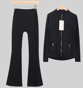 Ensemble de vêtements de yoga pour femmes <span class=keywords><strong>LULUS</strong></span>, 2 pièces, motif uni, veste de jogging avec pantalon évasé, fermeture élastique à la taille, tenue de fitness d'automne - Product Image 3