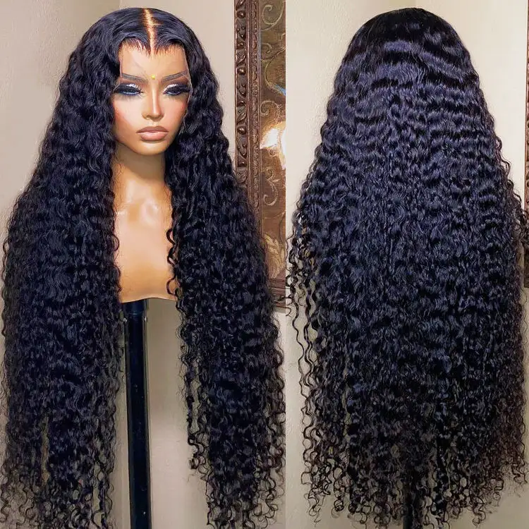 Groothandel Natuurlijke Human Hair Full Lace Krullend Pruik Braziliaans Transparant Lace Ruw Indian Water Wave Deep Curly 20 Inch Curly Pruik