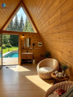 Cabane préfabriquée en bois massif, maisonnette triangulaire moderne modulaire pour hôtel, appartement, complexe hôtelier, glamping, villa de vacances