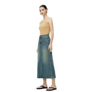 High-quality Retro Slit Denim Skirt 2024 Summer New High-waist Slimming A-line Hip Skirt