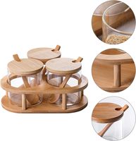 Juego de tarros de especias de vidrio hechos a mano con tapa de bambú y soporte para cuchara, sin BPA, de borosilicato, organizador de condimentos para cocina (sal, azúcar, pimienta)