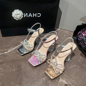 2025 Women's Fashion Rhinestone Bowknot High Wine Glass Sandals <b>Pointed</b> <b>Toe</b> Breathable for Summer Autumn Wedding Parties - Product Image 2