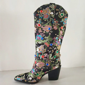 Women Colorful Diamonds Mid Calf Booties Pointy Toe High Wedge Heels Short Boots Slip-On Autumn <b>Shoes</b> - Product Image 2