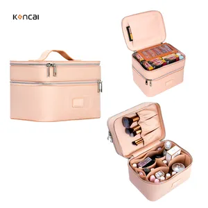 Koncai Hot Sale Custom Large PU Makeup Bag Pouch Travel Cosmetic Organizer For Girls Women Suitcase With Divider