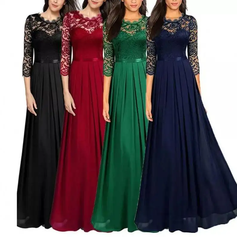 2022 Fashion Women V Neck Mesh Pleated Long Dress Wedding Party Evening Bridesmaid Maxi Dresses