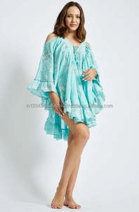 Encantador turquesa impreso de alta baja Mini vestido de la última de las mujeres ropa de gran tamaño Resort vestido verano playa encubrimiento Kaftan - Product Image 6