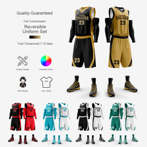 Vente en gros de maillots de basket-ball uniformes noirs, blancs et dorés - Maillots réversibles personnalisés pour hommes avec numéros imprimés, respirants et anti-transpiration - Product Image 2