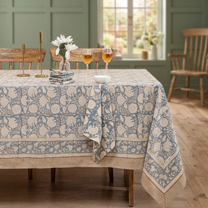Indian Handmade Simple Floral Cotton <b>Square</b> Floor Length <b>Tablecloth</b> Blue Block Print Washable & Eco-Friendly - Product Image 3