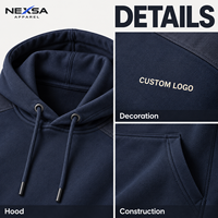 Hoodie robuste personnalisé en gros, bleu marine, avec patchs aux coudes, écusson aux épaules, motif graphique lettré, en coton, style workwear décontracté, fabricant