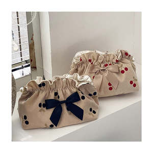 Corduroy Cherry Embroidery Travel <b>Makeup</b> <b>Bag</b> for Women, Portable Bow <b>Makeup</b> <b>Bag</b> - Product Image 2