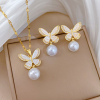 Ensemble de bijoux 2 pièces/ensemble, série insectes, collier avec pendentif en acier inoxydable et perle, boucles d'oreilles papillon, bijoux pour femmes, Conjunto De Joyas