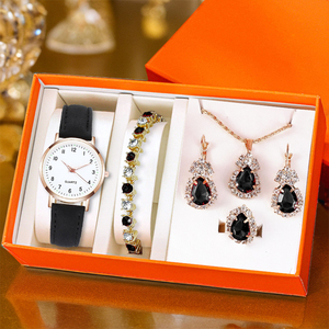 2026 Trending Women <strong>Watch</strong> Set Leather Strap with Teardrop Jewelry for Wholesale - Product Image 2