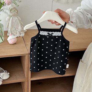 Colete Regata Infantil Feminino de Algodão com Renda e Laço, Estampa de Bolinhas, Sem Mangas, Respirável e Fino para Bebês e Crianças Pequenas - Nova Coleção Verão 2026 - Product Image 4